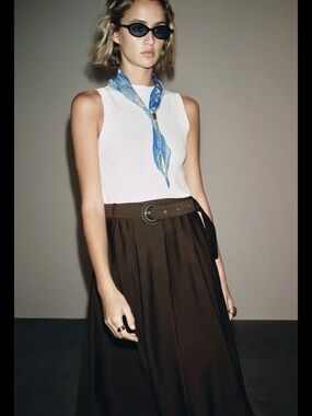 ZARA COMBINATION BELTED ❗️MIDI DRESS COLOR BROWN AND WHITE SIZE MED REF 5029/177